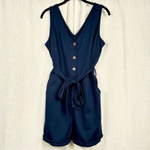 Womens Sleeveless Belted Romper Large Navy Coastal Beachy Preppy Button Front